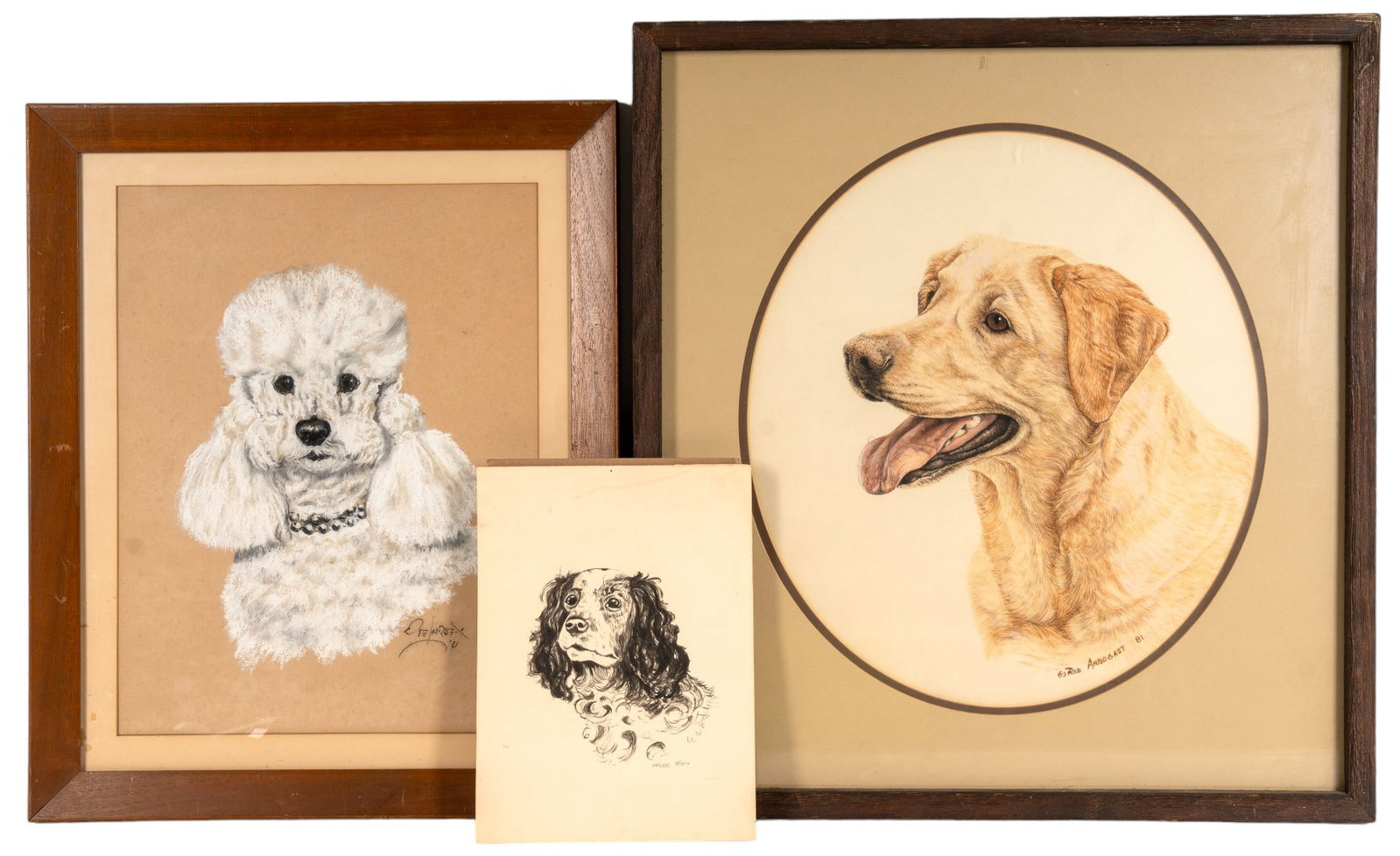 Dog Portrait Trio - Pastel, Ink, Colored Pencil: Collection includes large colored pencil yellow lab portrait signed "Rod Arbogast 81" in oval mat in frame measuring approx. 23" W x 25" H OD, pastel of poodle with pearl collar signed (illegible) in 