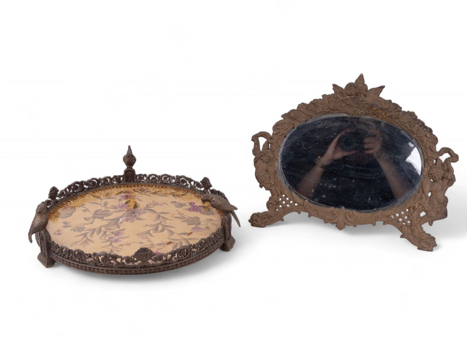 Antique Brass Cupid Nouveau Mirror & Asian Tray (1 of 10)