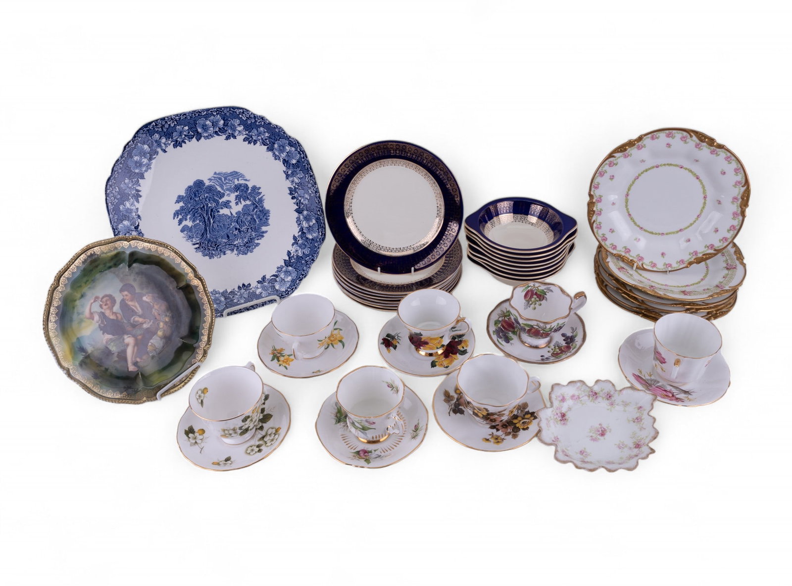 R.S. Prussia, Wedgewood, Steubenville, & Limoges: R.S. Prussia antique porcelain plate that measures approx 8.75" in diameter, Wedgewood woodland platter that measures approx 12" in diameter at widest point, Steubenville soup bowls (8) that measure a