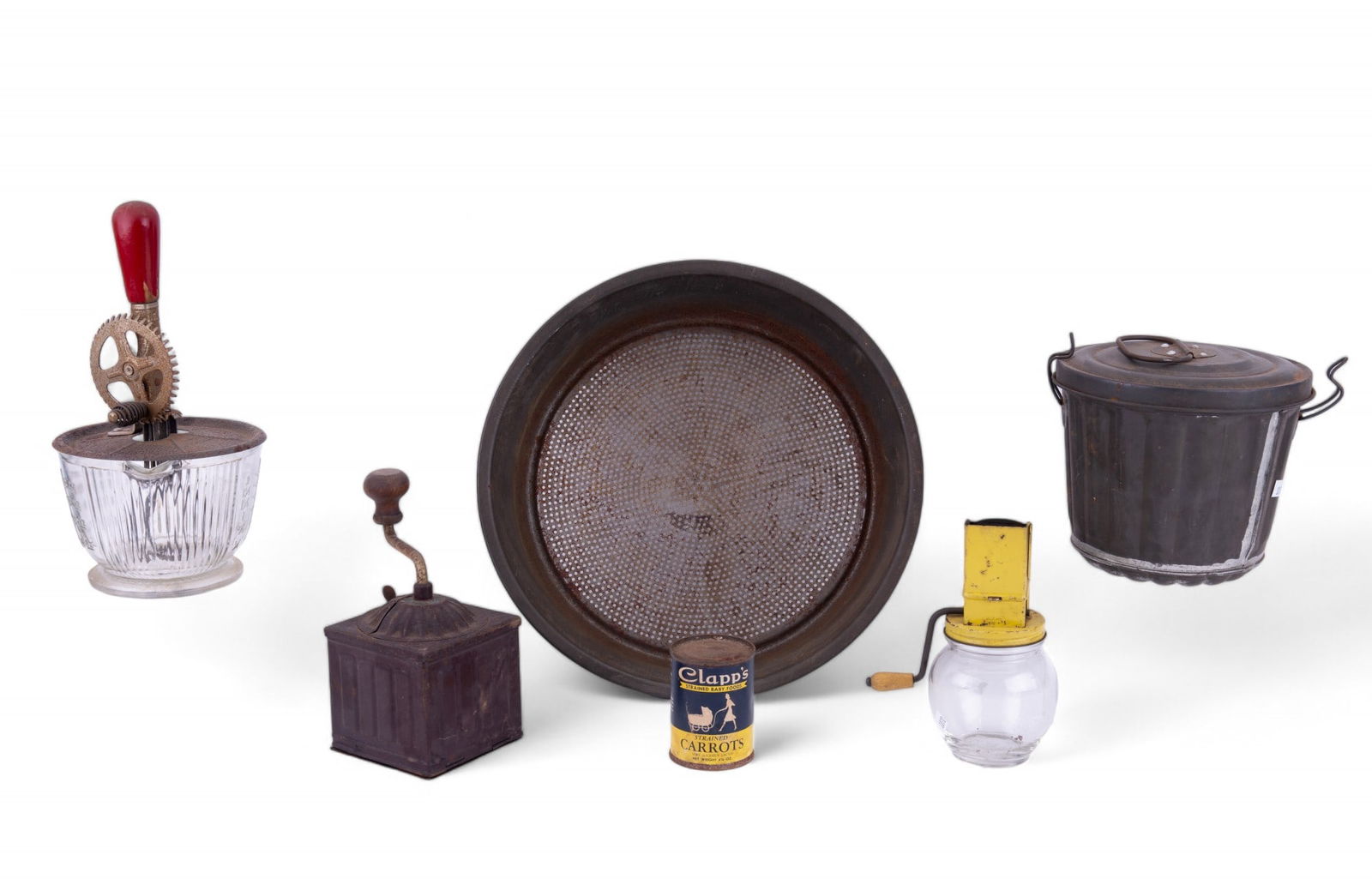 Five Pieces of 19th C. Tin & Glass Kitchenware: As seen in lead.