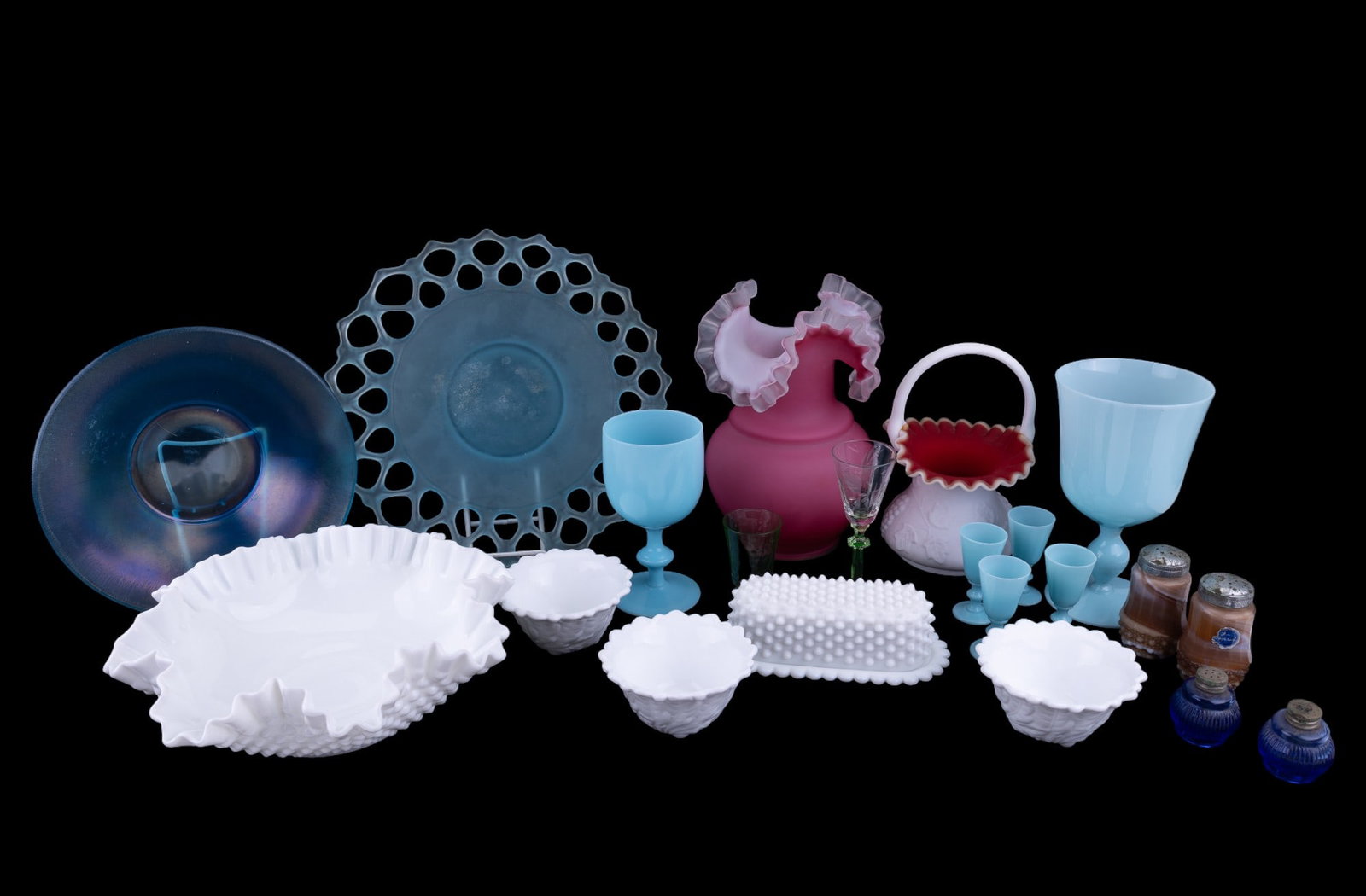 Art Glass, Depression + Milk Glass: Four pieces of art glass including a bowl, an open lace edged plate, a cased glass basket with ruffled edge, and a cased ruffled edge glass vase. Also in lot are a white milkglass hobnail ruffled edge