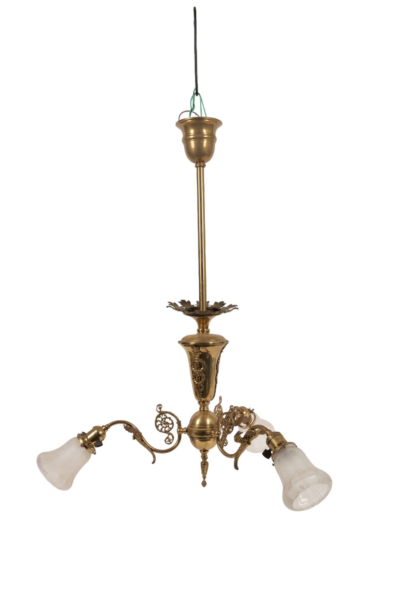Antique Hanging 3-Shade Brass Chandelier (1 of 9)