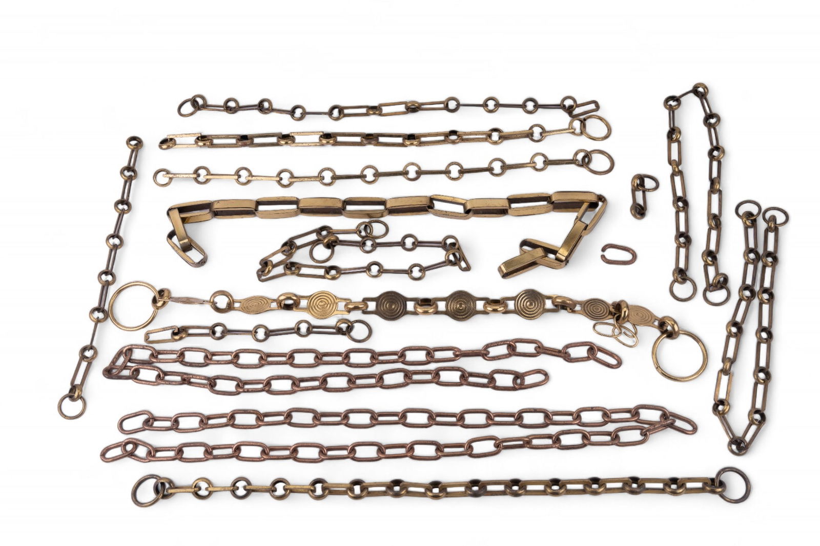 Various Period Lighting Chains (12): Twelve vintage/antique brass chains for lighting suspension from various time periods.