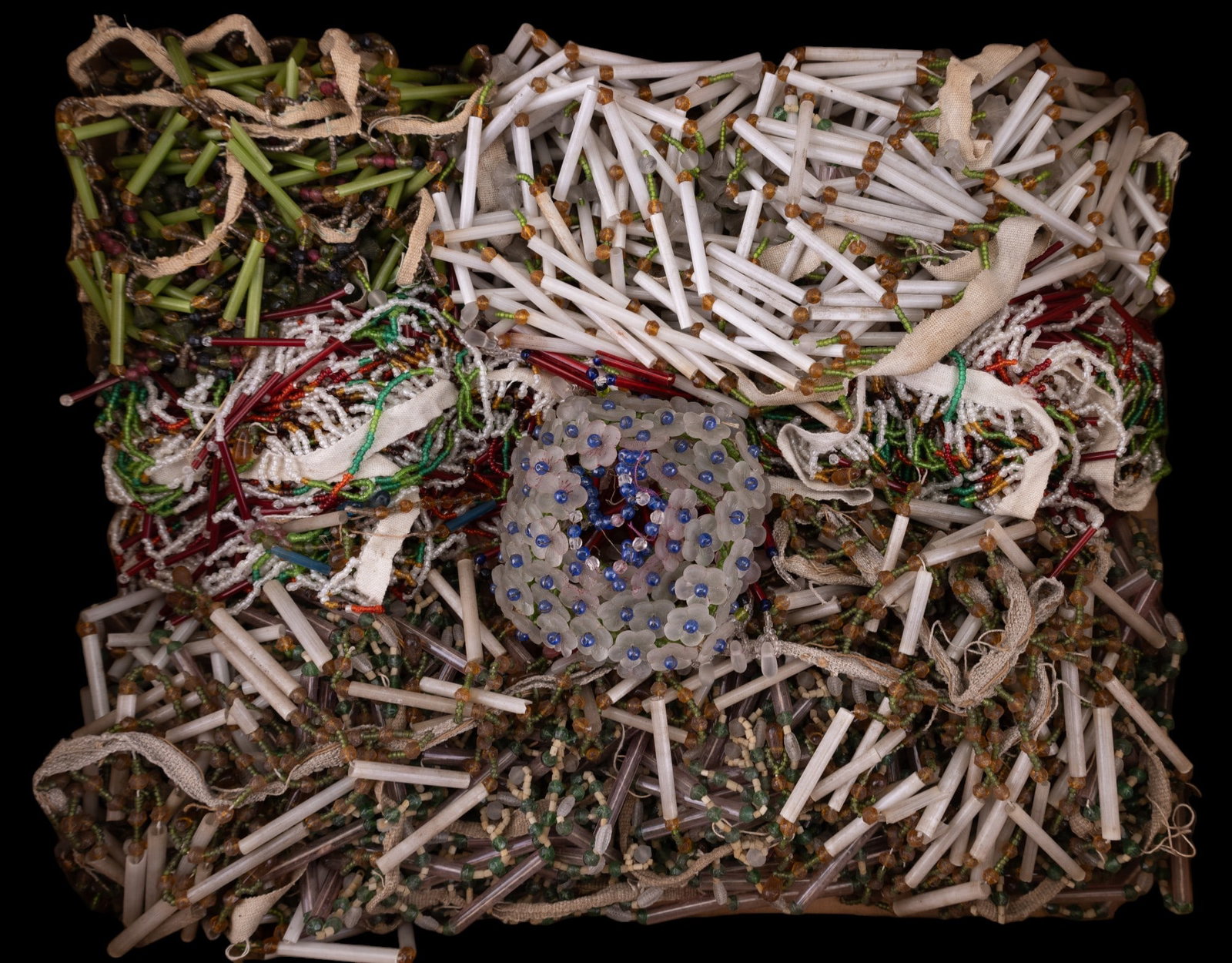 Antique Glass Bead & Strings: 1000's of glass beads on partial strings used on lighting shades & curtains from Victorian era to early 20th C. Includes a small shade for lamp w/ glass flowers. Beads are seed-to-tube and vary in siz