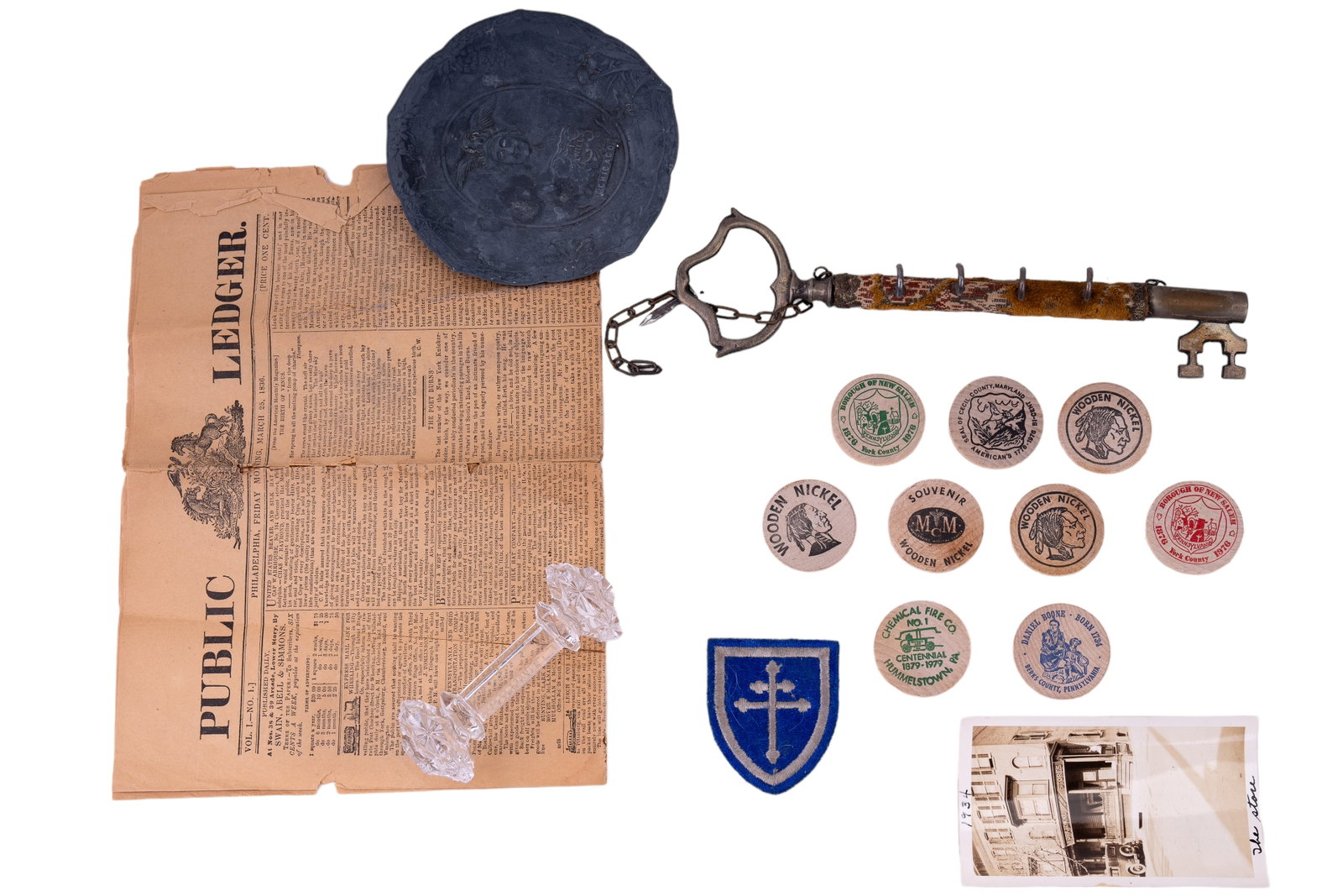 Crystal Knife Rest, Vintage PA Ephemera, More: Variety of items including crystal knife rest, 1934 Yorktown Service Stores photograph, Philadelphia 1836 public ledger, Chicago metal dish, patch and vintage key rack, and wooden nickels.