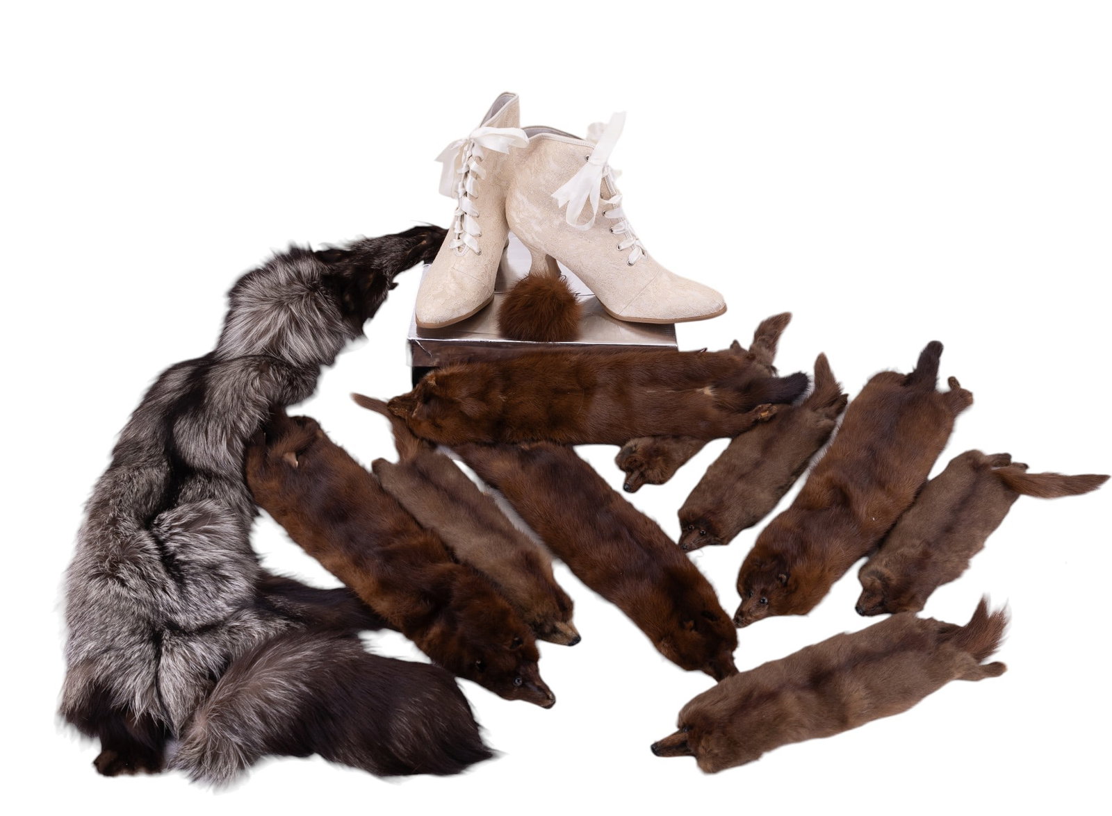 Mink & Fox Pelts & Ellie Shoes: Ten mink and fox fur pelts and one pair of white antique / Victorian style size 9 Ellie boots.