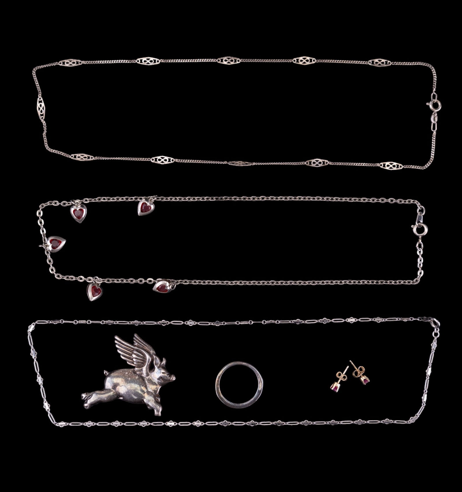 14K Studs, Sterling Silver Pig Pin, Chain, Ring (1 of 12)