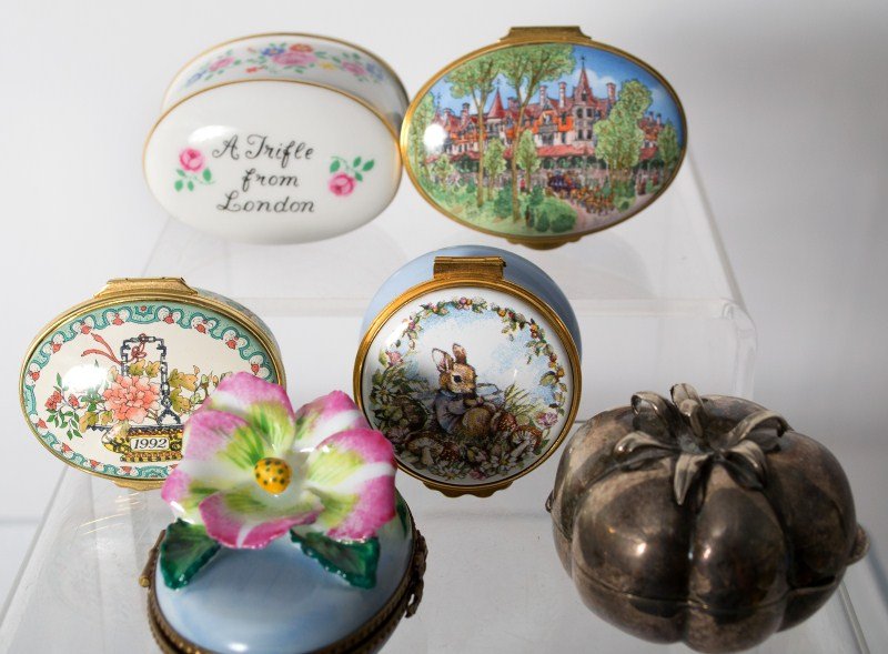Enameled Boxes: Enameled boxes, one 800 silver, tomato shape, Crown Staffordshire, Wissahickon with Peter Rabbit, Halcyon Days, Rochard (damage)