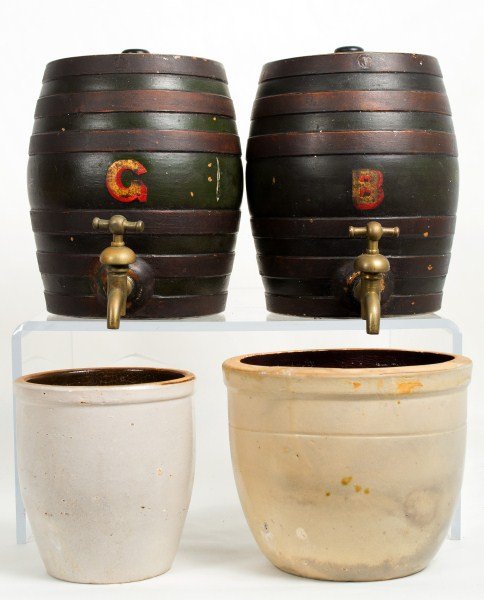 Pair of 19th C Stoneware Liquor Dispensers: Pair of painted stoneware liquor dispensers 19th C; one marked with a G, one marked with a B. Lot includes 2 undecorated crocks