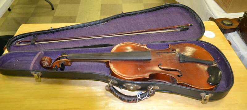 Violin In Case with Bow: Violin in case with bow, some varnish loss on back of instrument