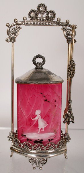 Victorian Pickle Castor with Mary Gregory Girl: Silver plated frame, lid, and tongs by Meriden Silver Co, cranberry slag jar with "Mary Gregory" girl