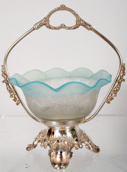 Victorian Silver Plated Mt Washington Bride's Bask: Victorian Silver Plated Mt Washington Bride's Basket c 1880 by Pairpoint Silver Company; blue glass basket with intricate floral designs