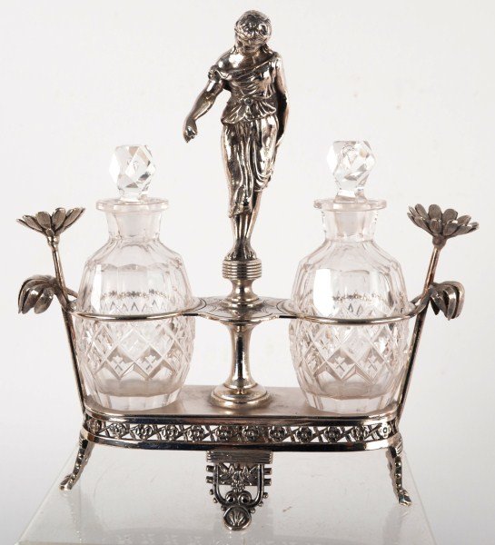 Perfume Set c 1880: Original figural silver plated frame by Meriden Company, pair of cut glass bottles with original stoppers
