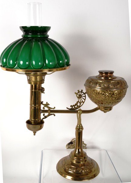 Ornate Victorian Student Lamp: Ornate Victorian student lamp with telescoping central post, melon rib shade, electrified, manufactured St Germaine Student Lamp Company patented 1881, 1889