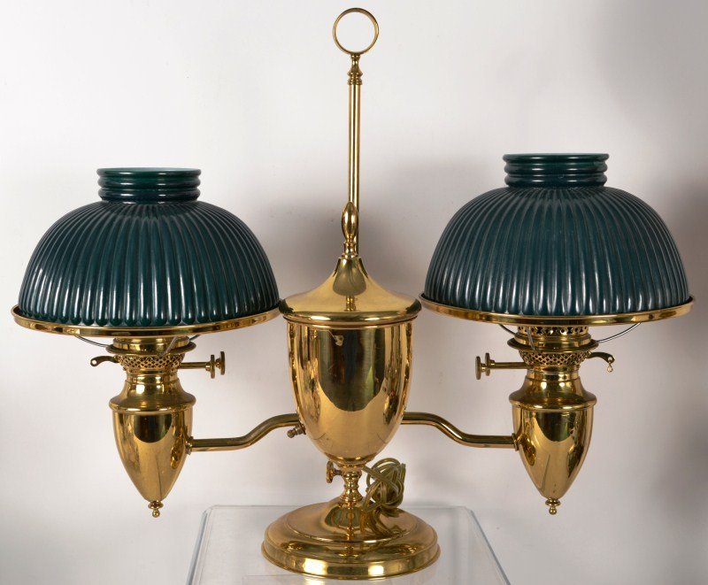 Victorian Brass Double Student Lamp: Victorian electrified brass double student lamp c 1870 by the Pittsburgh Brass Company made for John Wanamaker with original green shade 27"h