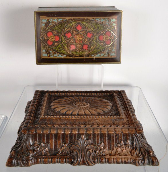 Lot of Two Ornate Boxes: Syroco wood label on ornately carved wooden box with wooden insert and an Art Deco tin box with hinged lid