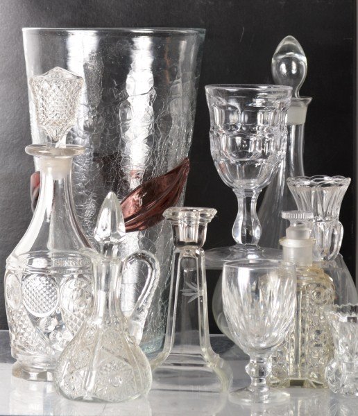 Crackle, Pressed and Blown Glass Lot: Including a Blenko crackle glass vase with applied leaves,13", Ashburton pressed glass goblet, 2 decanters, cruet, lidded bottle, miscellaneous other glass