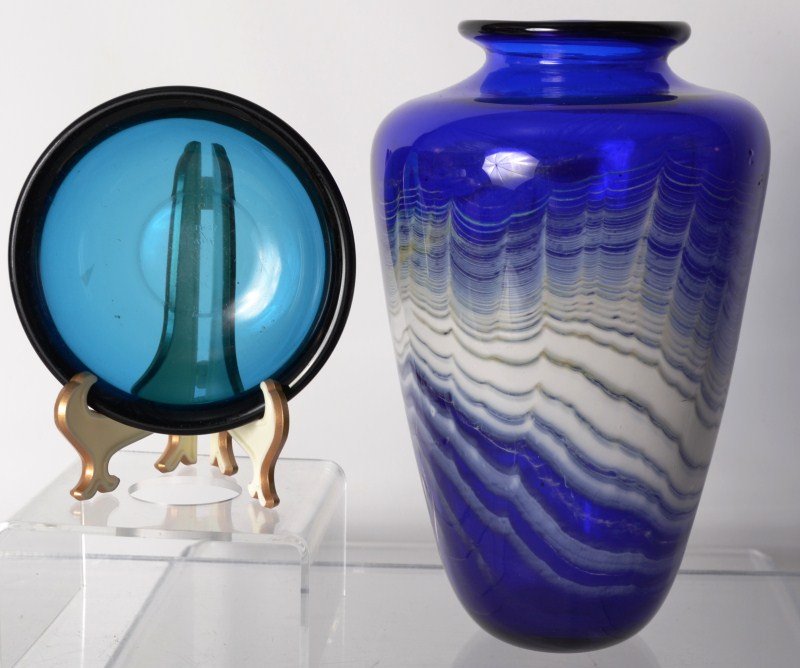 Art Glass: Art Glass lot including an art glass vase, Orrefors blue glass bowl