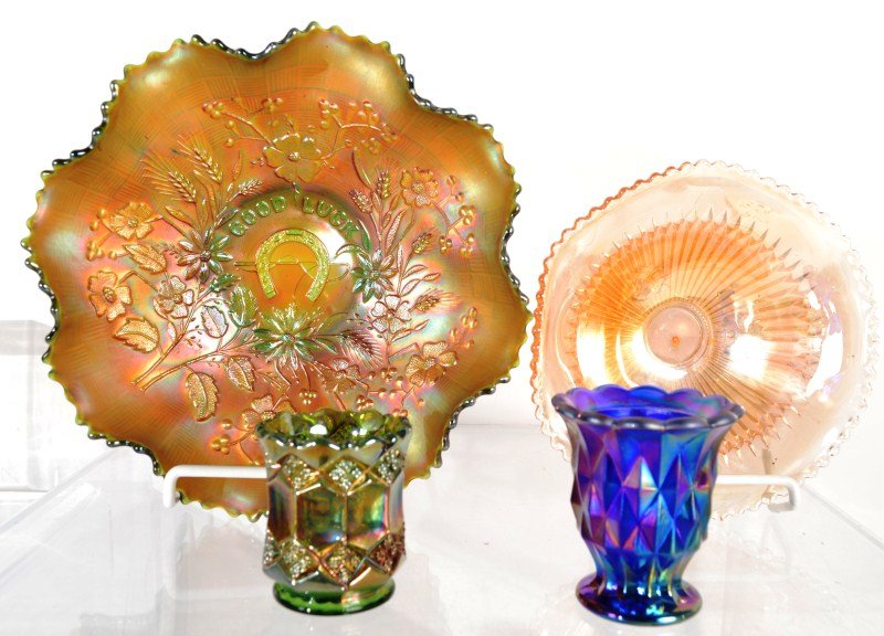 Carnival Glass: Carnival glass including "Good Luck" basket in Marigold and iridescent gold candy dish, and 2 toothpick holders