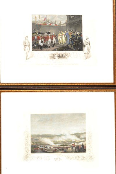 19th C Engravings: Pair of English, 19th C hand-painted engravings by Singleton, engraved by J Rogers "The Surrender of Two Sons of Tippoo Sultaun" and "The Battle Of Vittoria"