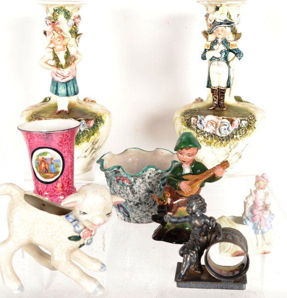Pair of German Bisque Figural Vases: Pair of German bisque figural vases with a Japanese lamb, a German bisque toothpick holder, pink luster German vessel, a contemporary sponge decorated vase, a silver plated napkin holder, a contempora
