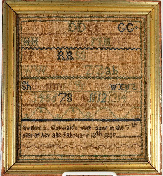 An American Sampler by Emeline L. Gotwalt: American 1839 Sampler done by Emeline L. Gotwalt "in the 7th year of her age" OD 10" x 11"