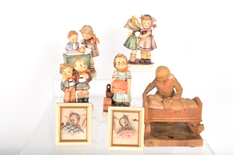 Hummels and Hummel Prints: Lot of 4 Hummels and 2 Hummel prints: Hummels: #333 "Blessed Event", #305 "The Builder" #196/0 "Telling Her A Secret" and #123 "Max and Moritz" 2 Hummel mini prints and carved South Tyrolean art mothe