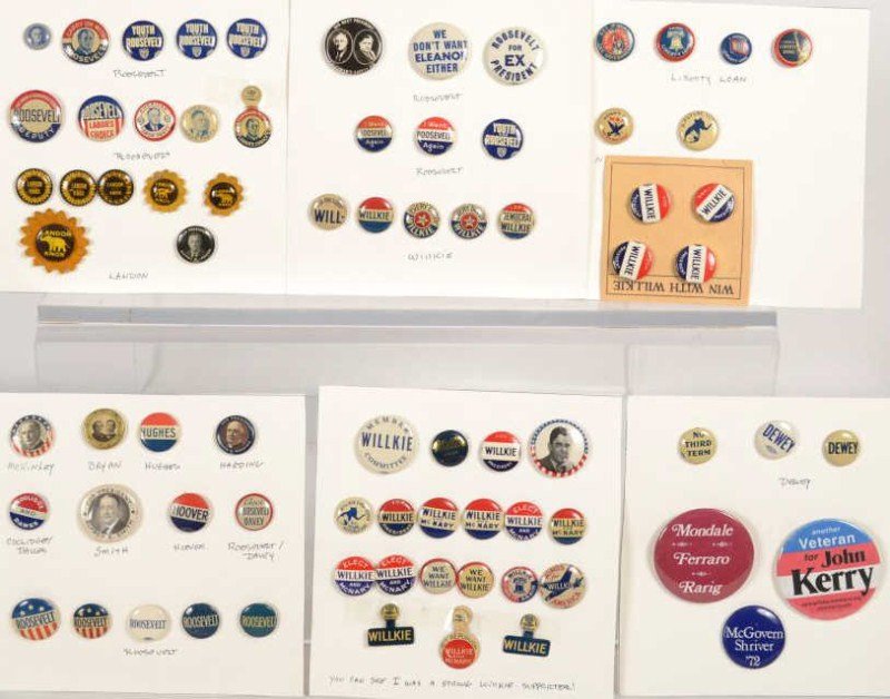 Large Lot of Political Pins (over 70): Large collection of political buttons including McKinley, Bryan, Huges, Harding, Coolidge, Dawes, Smith, Hoover, Davey, Roosevelt (many) FDR, "Carry On With Roosevelt" "Youth For Roosevelt" American L