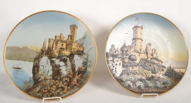 Mettlach Chargers with Castle Landscape design: Two Mettlach chargers with landscapes Marked: Mettlach WB, ges.gesch and numbered. Dia: 17."
