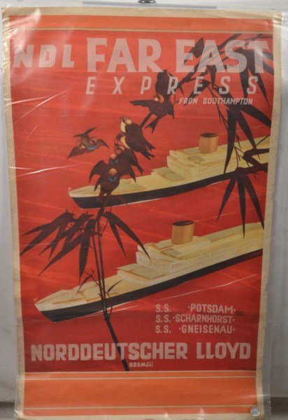pre-war German Cruise Ship Poster: German pre-war cruise ship poster titled "N. D. L. Fareast Express from South Hampton" Norddeutscher Lloyd in good condition, preciously purchased from Christies (Ship was sunk during the war)
