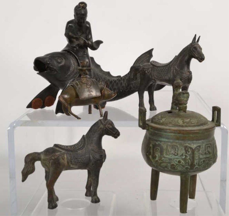 Grouping of Asian Bronze Figures: including a man riding a Kio, two horses, a legged sensor surmounted by a Fu Dog, and a figure riding a water buffalo