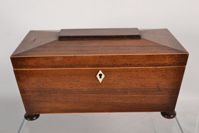 19thC Regency Mahogany Tea Caddy with Ivory: 19thC Regency Mahogany Tea Caddy with Ivory Escutcheon and Turned Feet
