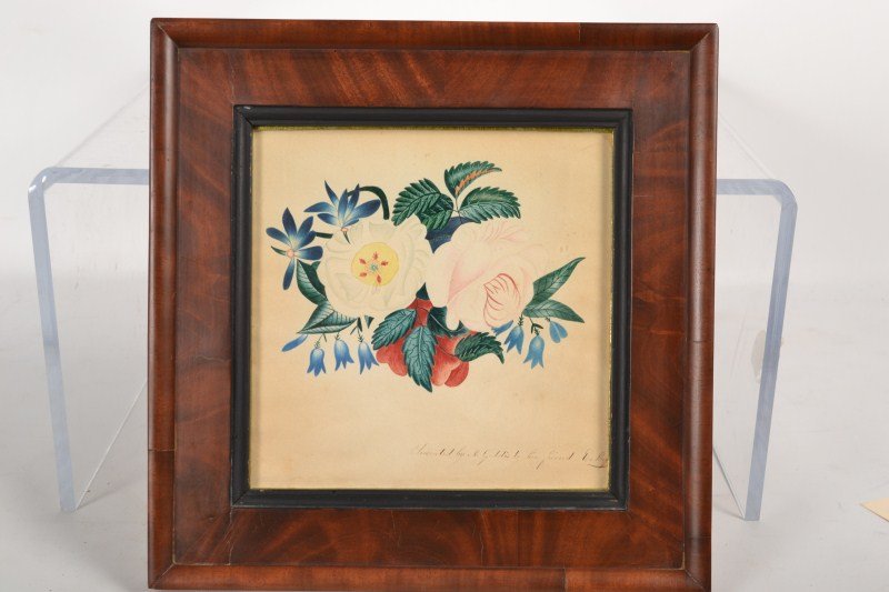 Early Floral Watercolor: Early framed watercolor on paper, floral study, inscribed Presented by M. Geddis to her friend, E Gay"