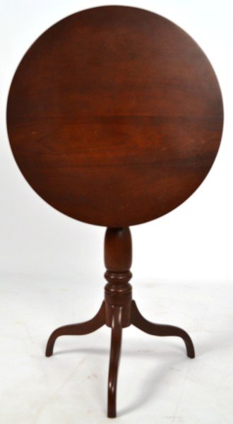19th C Walnut Candle Stand: 19th C walnut candle stand with walnut top, reeded edge, turned stem and dovetail spider legs, 28"h x 22"di