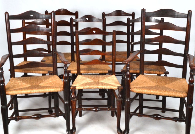 Eight Antique English Ladder-Back Chairs: Assembled set of eight antique 18th/19th English ladder-back chairs including 2 arm chairs and seven side chairs (also including 2 extra chairs used for repairs)