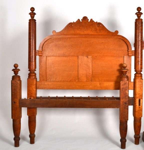 19th C Tiger Maple Rope Bed: Modified tiger maple rope bed with headboard, foot board and rails, 71h x 59"w x 88"d