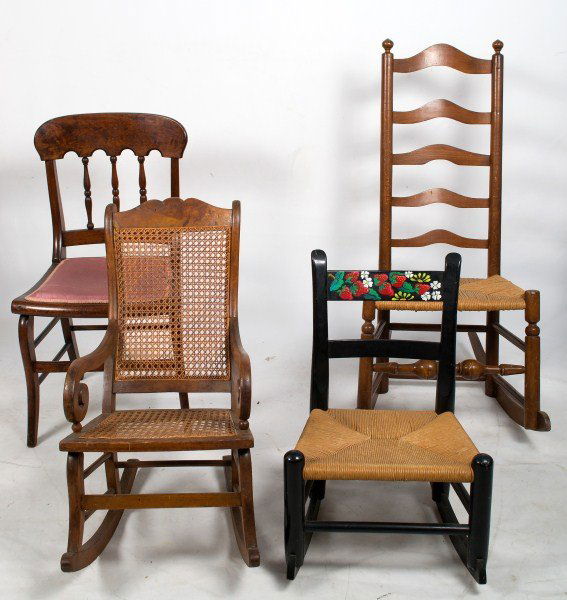 Childrens Rocking Chairs: Childrens rocking chairs including Victorian rush seat rocker, cane bottom seat rocker, adult Windsor rocking chair and a Victorian side chair