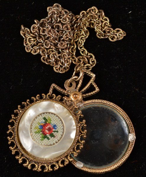 Costume Magnifier on Chain: Costume magnifier on chain with hinged cover containing center peti-point