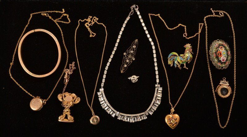 Grouping of Gold-Filled and Costume Jewelry, Trif: Grouping of gold-filled and costume jewelry including a Trifari rhinestone necklace; rooster brooch; small sterling Masonic pin; g-f framed mosaic brooch; g-f heart pendant and chain; g-f watch fob; t