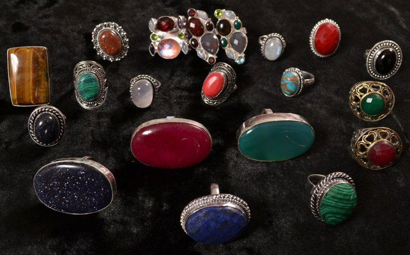 Silver-Tone Rings: Silver-tone rings; twenty rings with various stones, some marked 925 but tested as not sterling
