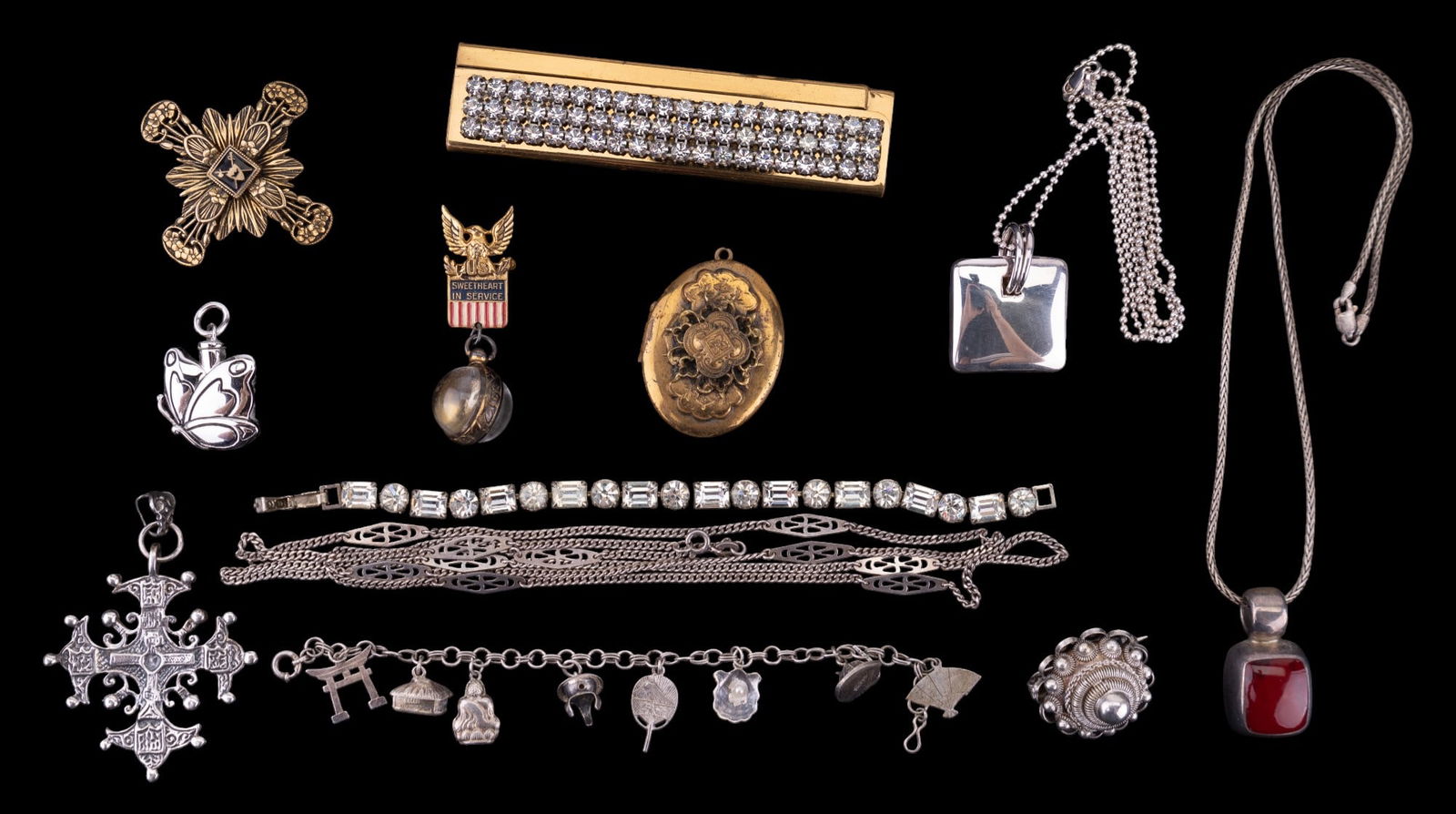 Sterling, Rhinestone, Coro Jewelry: Grouping of sterling silver & rhinestone items, consisting of a sterling silver charm bracelet, Coro "Sweetheart in Service" sterling patriotic pin, sterling filigree style pin, sterling Italian chain