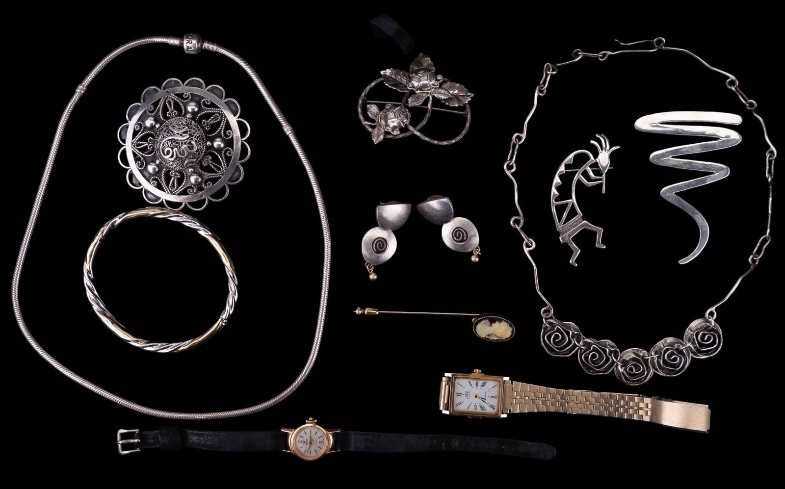 Sterling Silver, Cameo, Pandora, Watches: Grouping of sterling silver, cameo & watches. Consists of a Swiss lady's watch, a Jaz Paris goldtone watch, a "cameo" stick pin, Pandora sterling silver necklace measuring approx. 19.5" end to end, st