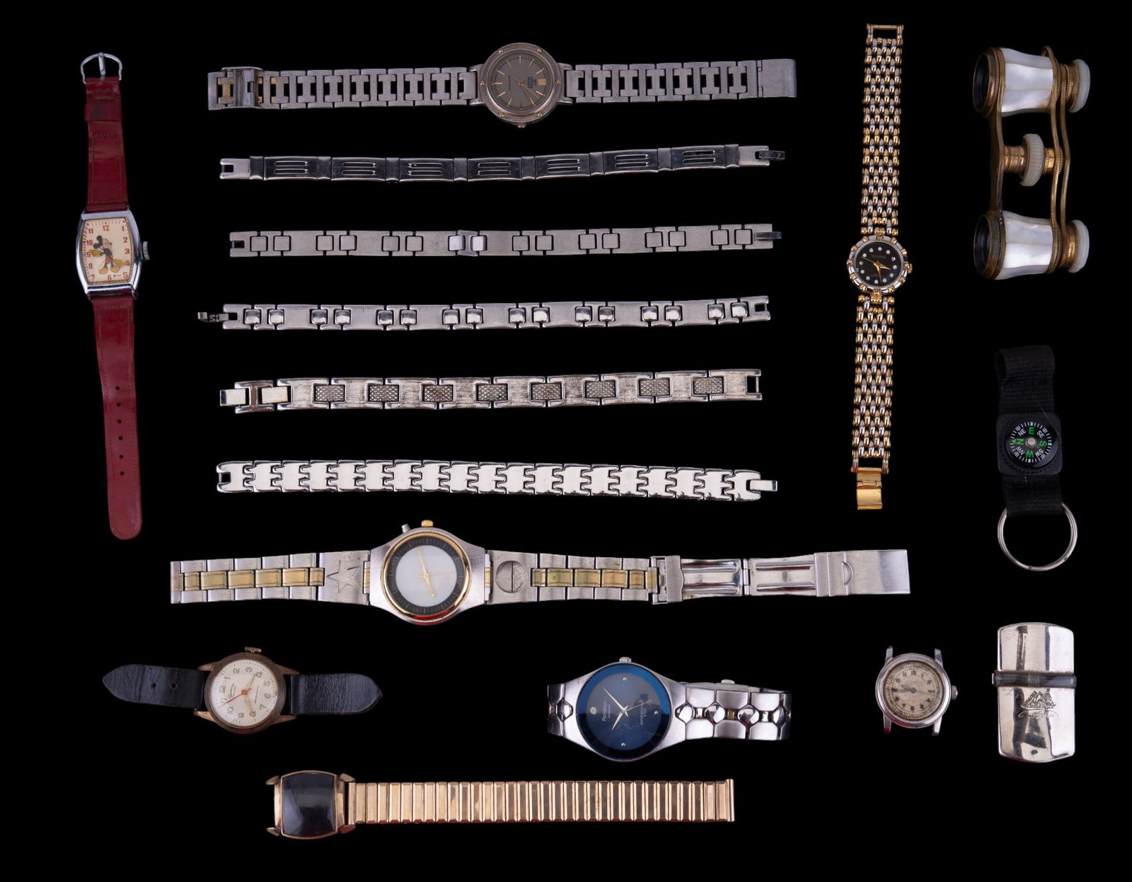 Watches, Watch Bands, MOP Opera Glasses: Grouping of watches, watch bands, opera glasses & more including watch brands such as Armitron, Hillyork, Geneva DeLuxe, Geneva & more. Also in lot are a pair of Colmont Paris mother of pearl opera gl