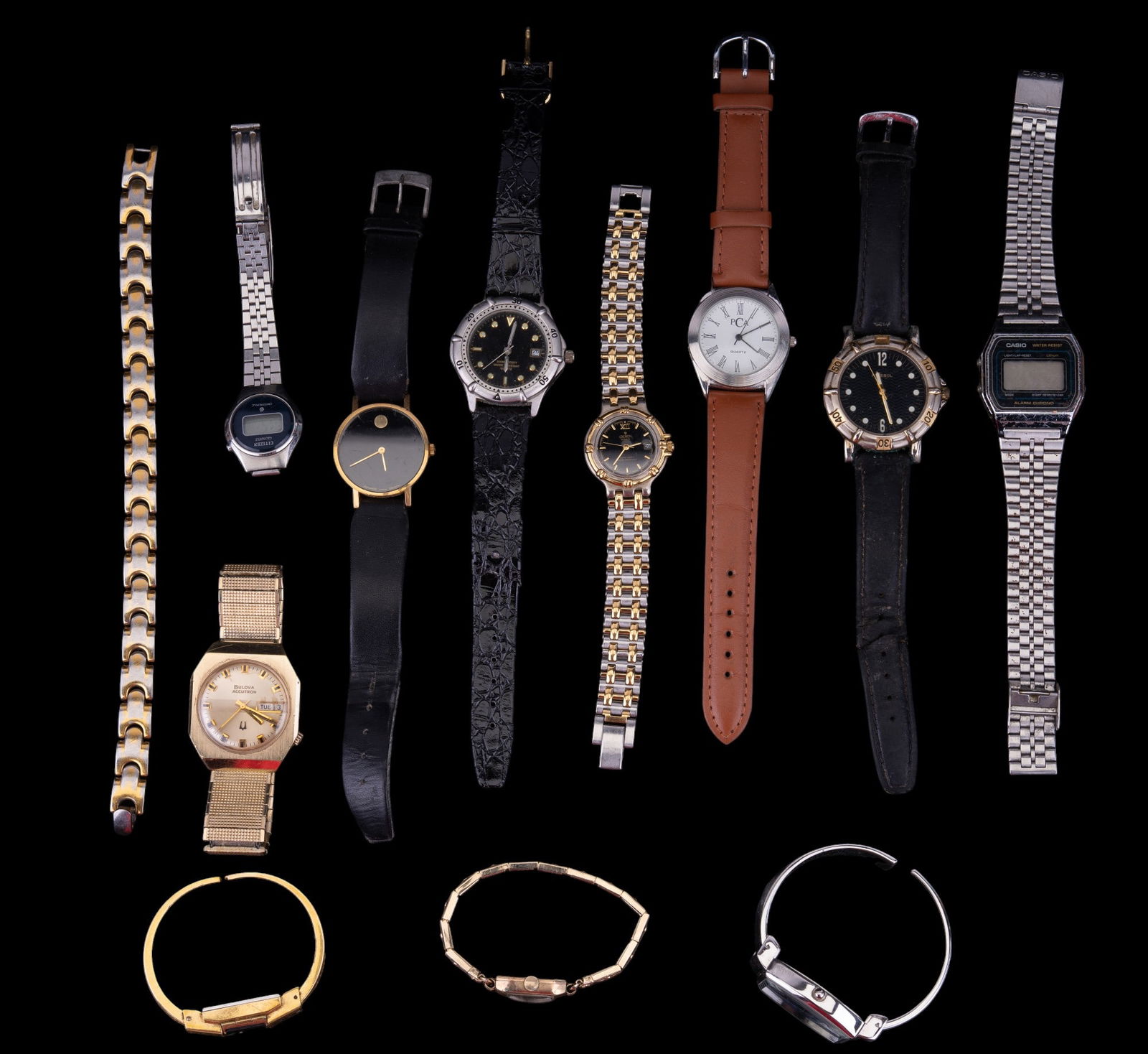 Vintage & other Men's Watch Grouping: Grouping of ten watches, along with one watch band & a goldtone cuff bracelets. Watches come from brands such as Bulova, PCA, Citizen, Longines, Croton, Casio & more. Watches have not been tested for