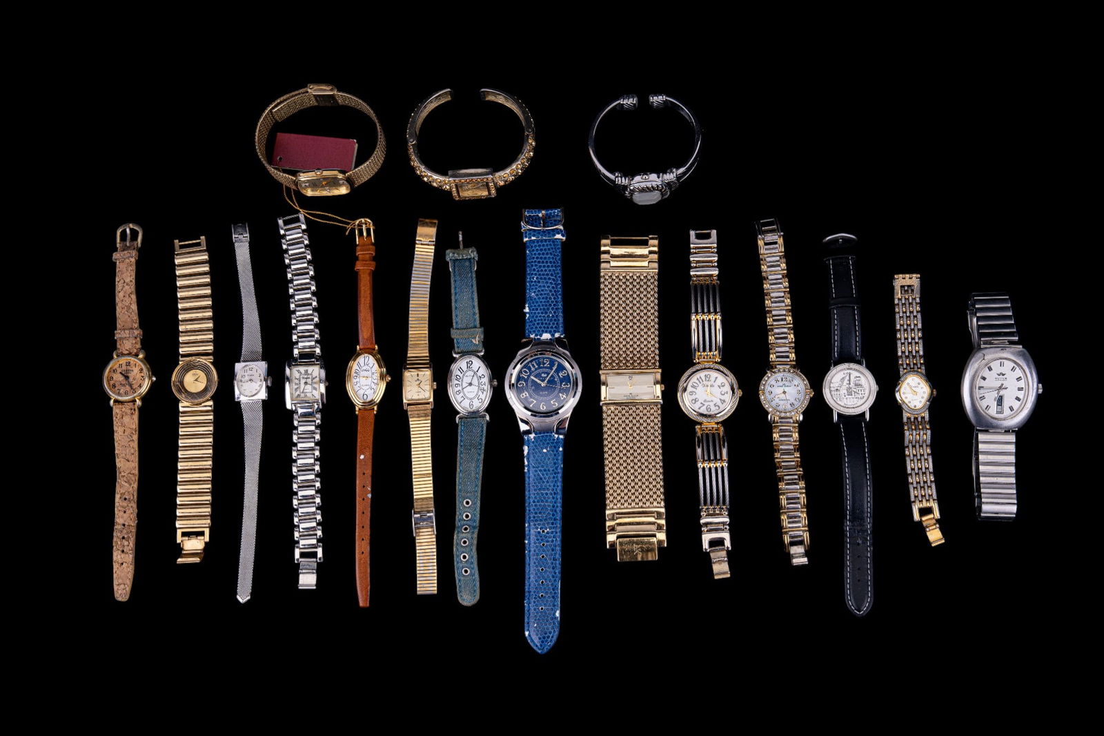 Royce, Anne Klein, Times, Lorus, more Watches: Grouping of watches including a Lorus goldtone lady's watch, Royce automatic silvertone watch, two Xanadu watches, onr Anne Klain watch with bracelet style band, souvenir watch, another Xanadu watch,