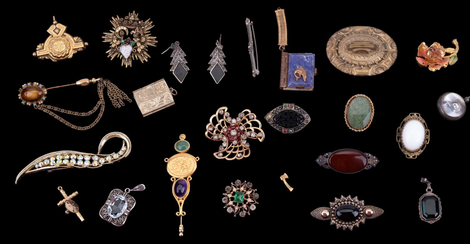 Sterling Silver, Gold Filled, more Brooches: Grouping of brooches including some earrings & pins. Consists of a pair of sterling marcasite earrings, Austrian enamel flower pin, 1/20 12K G.F Phyllis brooch, Accesocraft rhinestone brooch, Jaded go