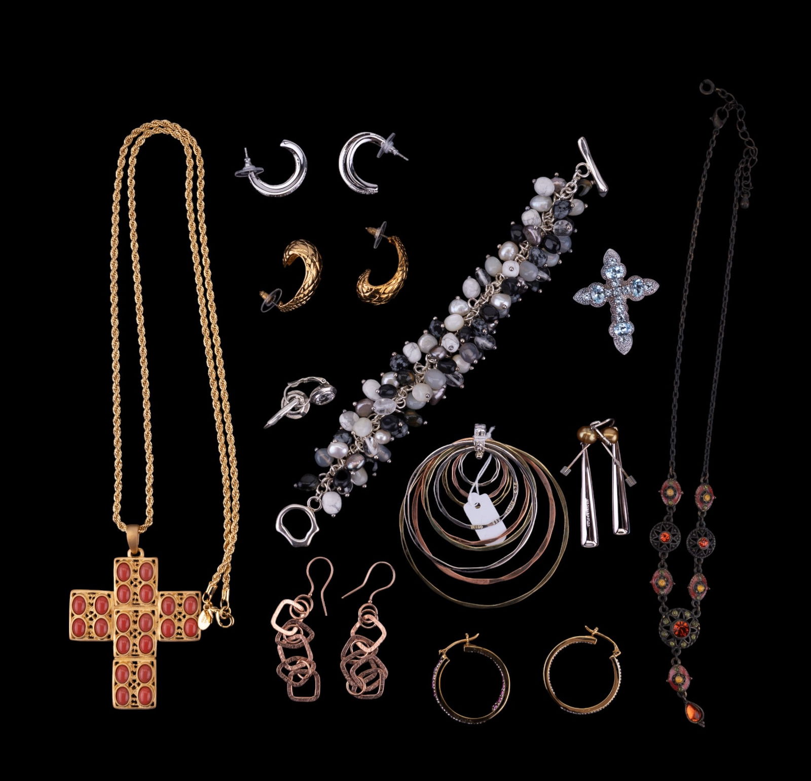 Sterling Silver, KJL, Coro, Copper & more Jewelry: Grouping of jewelry including a sterling brass & copper pendant with copper earrings, KJL cross necklace, Coro goldtone earrings, KJL silvertone rhinestone earrings, sterling faux pearl bead bracelet,