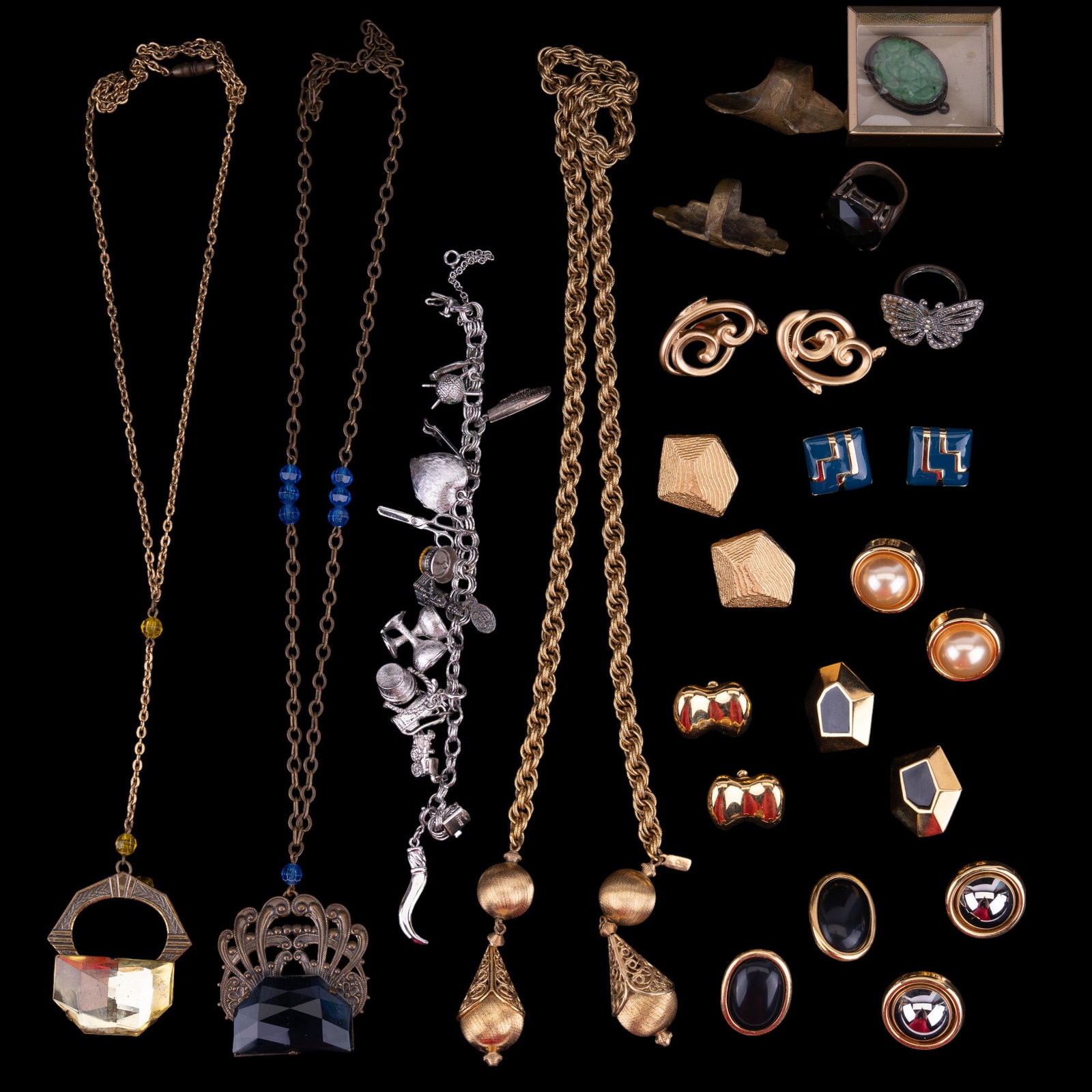 Monet, Saint Laurent, Napier, Sterling Jewelry: Grouping consists of goldtone Saint Laurent goldtone clip earrings, another Saint Laurent goldtone earrings, a third pair of Saint Laurent earrings with black enamel, two pairs of Napier earrings, two