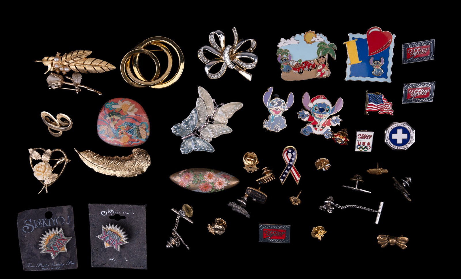 Disney, Manselle, Office Depot & more Pins: Grouping of pins & brooches, consisting of multiple Disney Lilo & Stitch pins, multiple Office Depot pins, gold filled white flower pin, Manselle goldtone brooch, rhinestone ribbon brooch, faux pearl 