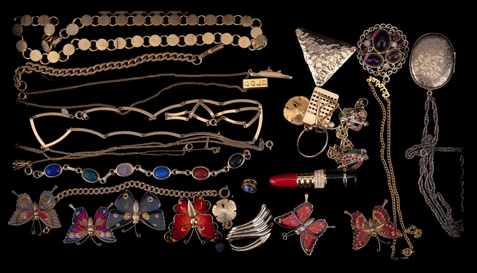 Butterfly Pins, Scarab Bracelet, Goldtone Jewelry: Six enamel butterfly goldtone pins,KJL lipstick brooch, multi colored scarab bracelet, goldtone panel necklace, Avon goldtone necklace, necklace w/ purple stone pendant, locket & more.
